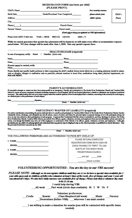 REGISTRATION FORM 2018 - Rocky River Presbyterian Church